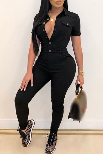 Black Fashion Casual Solid Buttons Turndown Collar Skinny Jumpsuits