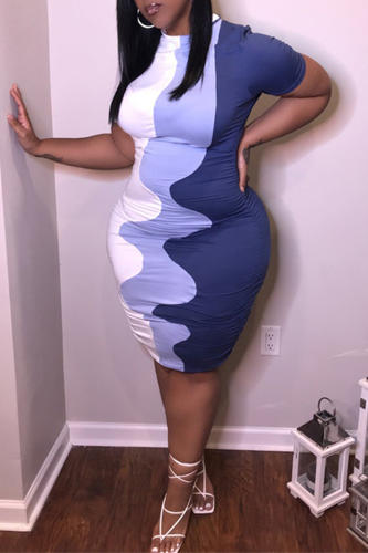 Diepblauwe sexy kleurblok-patchwork halve col-kokerrok grote maten jurken