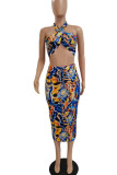 Yellow And Blue Sexy Print Bandage Patchwork Frenulum Fold Halter Sleeveless Two Pieces