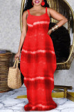 赤いファッションセクシーなプリント背中の開いたスパゲッティストラップロングドレス