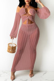 Розовое сексуальное однотонное прозрачное длинное платье без бретелек с открытой спиной