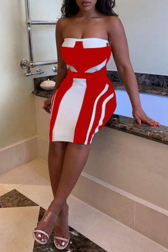 Rote Mode Sexy Patchwork rückenfreies trägerloses ärmelloses Kleid