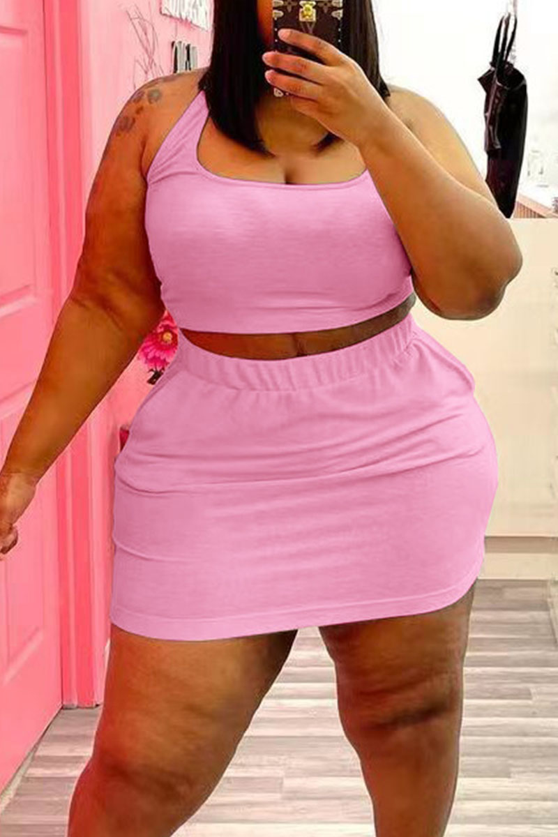 

Pink Casual Solid Split Joint U Neck Straight Plus Size Two Pieces