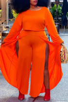 Tangerine Casual Solid Split Joint High Opening Asymmetrical O Neck Plus Size Two Pieces