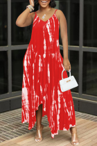 赤いセクシーなプリント パッチワーク スパゲッティ ストラップ イレギュラー ドレス ドレス