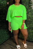 Fluorescent Green Fashion Casual Solid Basic O Neck Half Sleeve Two Pieces