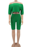 Green Casual Solid Patchwork Off the Shoulder Three Quarter Two Pieces