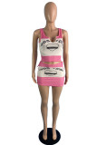 Pink Fashion Sexy Letter Print Hollowed Out V Neck Sleeveless Two Pieces