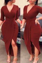 Пурпурно-красные сексуальные сплошные лоскутные складки асимметричные платья с V-образным вырезом нерегулярные платья