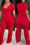 Röd Mode Casual Solid Basic V-hals vanliga Jumpsuits