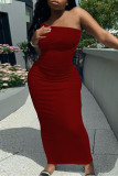 Rode sexy casual effen rugloze mouwloze jurk met één schouder