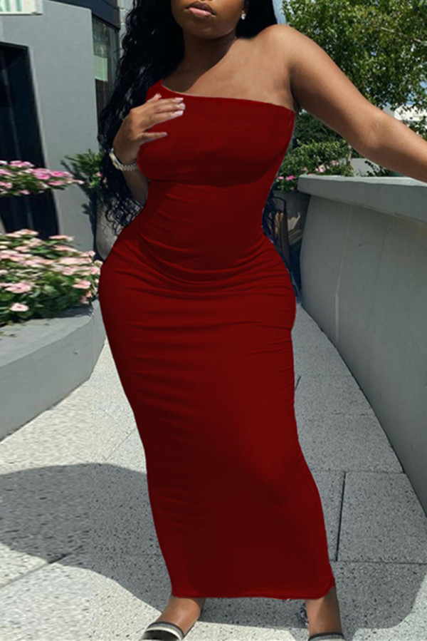 Vestido sin mangas de un hombro sin espalda sólido casual rojo sexy