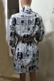Schwarze Hemdblusenkleider mit Street-Print und Patchwork-Umlegekragen