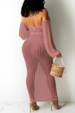 Pink Sexy Solid Hollowed Out See-through Backless Strapless Long Dress