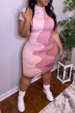 Pink Sexy Color Block Patchwork Half A Turtleneck Pencil Skirt Plus Size Dresses