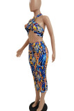 Yellow And Blue Sexy Print Bandage Patchwork Frenulum Fold Halter Sleeveless Two Pieces