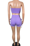 Purple Sexy Casual Solid Hollowed Out Patchwork Frenulum Knotted Strapless Sleeveless Two Pieces
