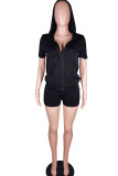 Black Casual Solid Patchwork Cardigan Zipper Hooded Collar Short Sleeve Two Pieces