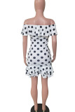 Yellow Sweet Print Polka Dot Patchwork Flounce Off the Shoulder A Line Dresses