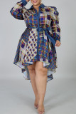 ディープブルーファッションカジュアルプラスサイズプリントパッチワークターンダウンカラーシャツドレス