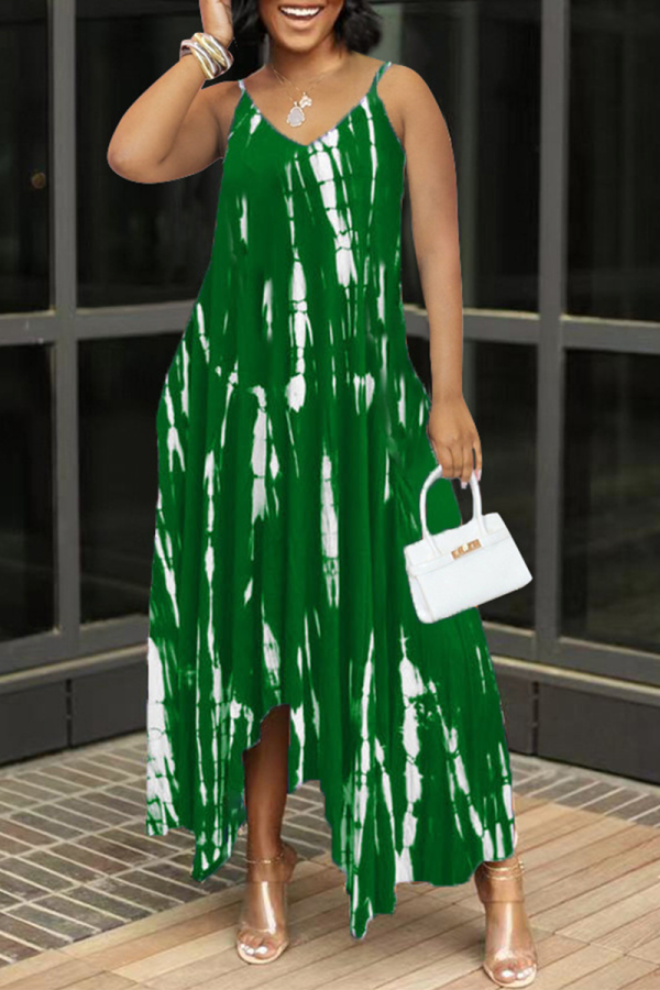Grön Sexig Print Patchwork Spaghetti Strap Oregelbundna klänningar