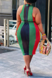 Multicolor Sexy Plus Size Striped See-through Without Belt Half A Turtleneck Sleeveless Dress