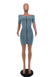 Light Blue Sexy Solid Patchwork Square Collar Pencil Skirt Dresses