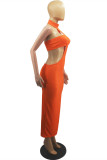 Orange Mode sexy solide ausgehöhlt rückenfreier O-Ausschnitt ärmellos zweiteilig