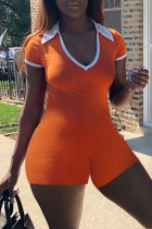 Orange Fashion Casual Solid Basic Umlegekragen Skinny Short Sleeve Strampler