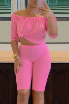 Pink Casual Solid Split Joint Off the Shoulder Three Quarter Two Pieces