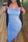 Blue Sexy Solid High Opening Strapless Pencil Skirt Dresses
