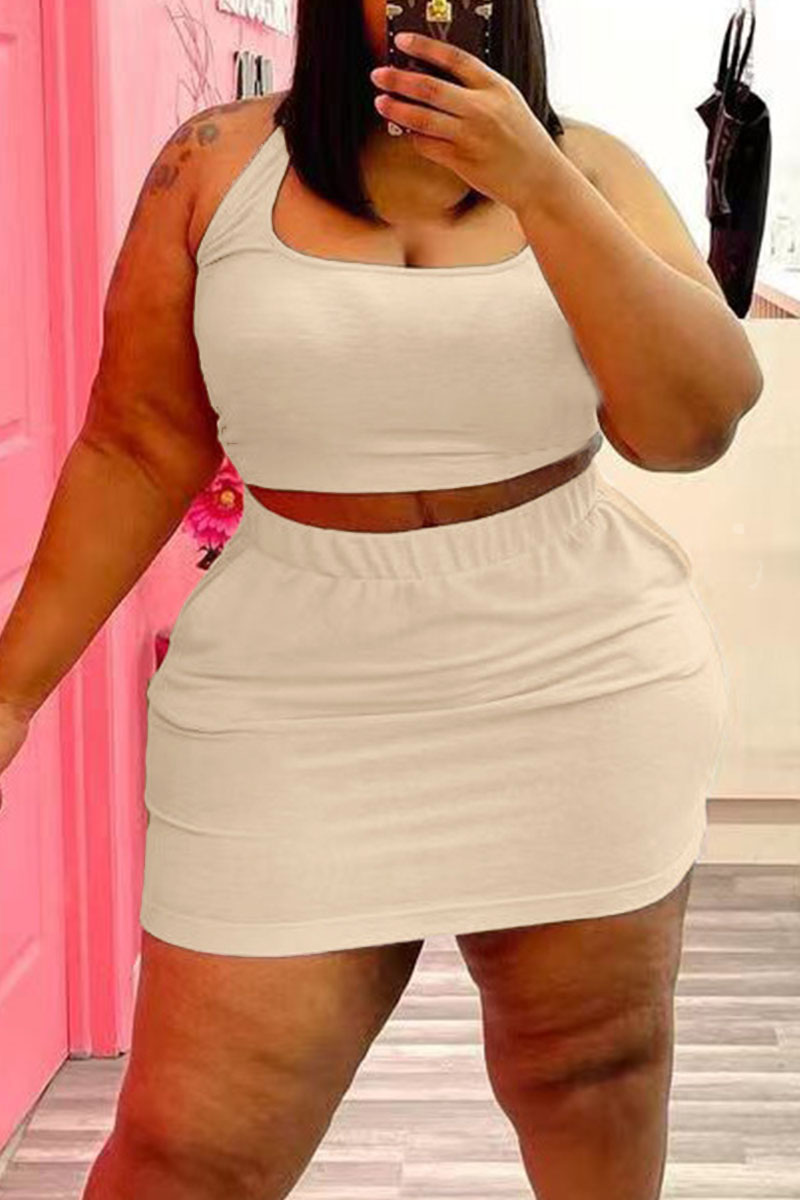 

Apricot Casual Solid Split Joint U Neck Straight Plus Size Two Pieces