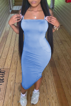 ブルーセクシーソリッドハイオープニングストラップレスペンシルスカートドレス
