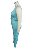 Vert menthe Fashion Casual Solid Bandage O Neck Plus Size Two Pieces