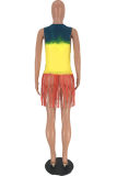 Tops multicoloridos moda casual estampa de letra com borla o pescoço