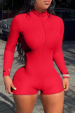 Pink Fashion Casual Solid Basic Zipper Collar Long Sleeve Skinny Romper