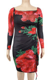 Red Casual Print Patchwork Draw String Boat Neck Straight Plus Size Dresses