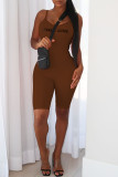 Brown Sexy Print Backless Spaghetti Strap Straight Rompers