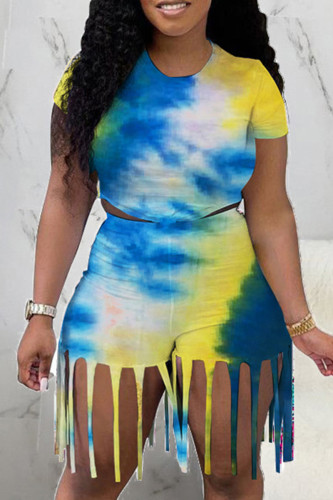 Blue Fashion Print Tie Dye Tassel O Neck Short Sleeve Two Pieces