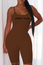 Brown Sexy Print Backless Spaghetti Strap Straight Jumpsuits