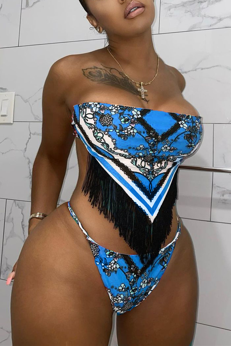 

Blue Fashion Sexy Print Tassel Split Joint Backless Swimwears