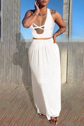 White Sexy Casual Solid Hollowed Out Backless Halter Sleeveless Two Pieces