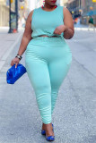 Vert menthe Fashion Casual Solid Bandage O Neck Plus Size Two Pieces
