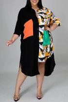 Oranje mode-casual grote maat print patchwork overhemdjurk met ronde kraag