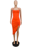オレンジレッドのセクシーなソリッドパッチワークスパゲッティストラップ不規則なドレスドレス