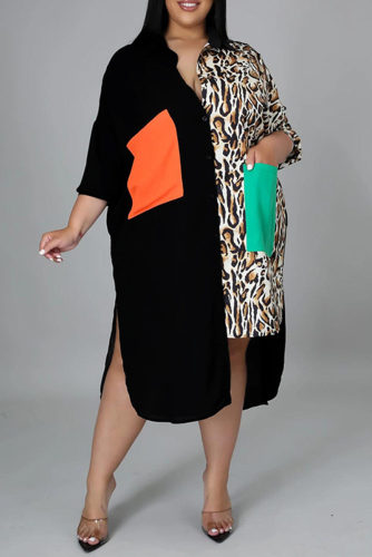 Black Fashion Casual Plus Size Print Patchwork Turndown Collar Shirt Dress