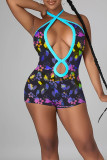 Yellow Purple Sexy Print Hollowed Out Patchwork Halter Skinny Rompers