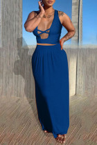 Blue Sexy Casual Solid Hollowed Out Backless Halter Sleeveless Two Pieces