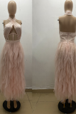 Pink Sexy Solid Mesh Halter Mesh Dress Dresses