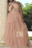 ピンクのセクシーなソリッドメッシュホルターメッシュドレスドレス